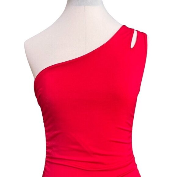 Treebarn Red One-Shoulder Ruched Bodycon Mini Dress XS Stretch Knit Sexy Party - Picture 3 of 11